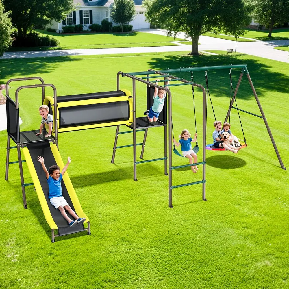 

660lbs Swing Set with Slide,Crawl Tunnel and Monkey Bars for Backyard,5 in 1 Metal Swingset Outdoor for Kids Aged 312 Patent Pe