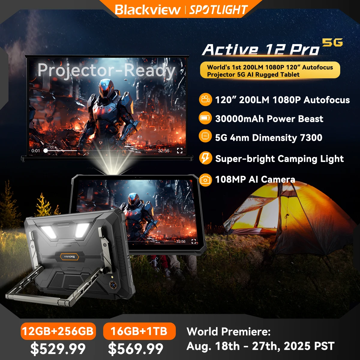 

World Premiere Blackview Active 12 Pro Rugged Projector Tablet 11'' Pad Android 15 16GB 1TB 30000mAh Dimensity 7300 Tablet Phone