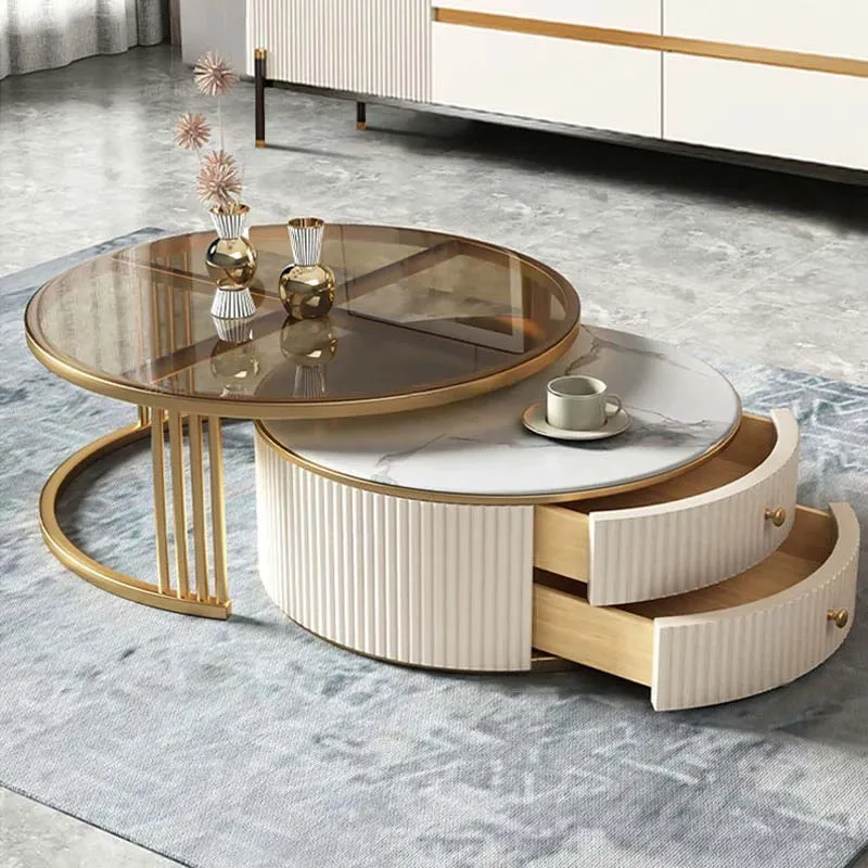 Modern Living Room Furniture Gold Base Stainless Steel Coffee Table White Stone Two Pieces Round Coffee Table And Tv Stand Set