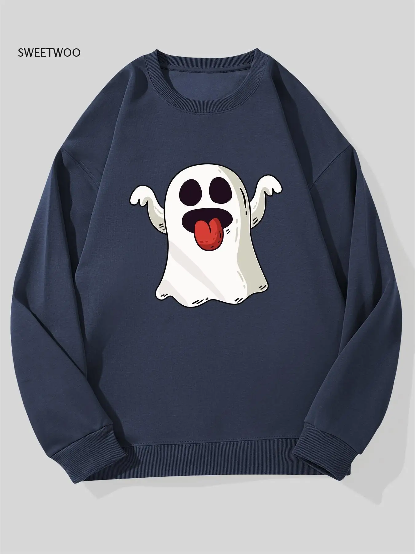 

Men's Navy Blue with Tongue Out & Shushing Gesture Sweater - Oversized Casual Pullover, Cute Smiling Cartoon White Print