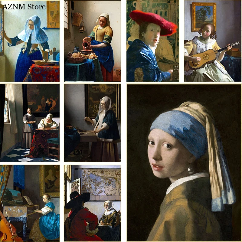 Johannes Vermeer, obra de arte clásica, pintura famosa, lienzo, póster impreso, chica lechera con pendiente de perla, Mural para decoración del hogar