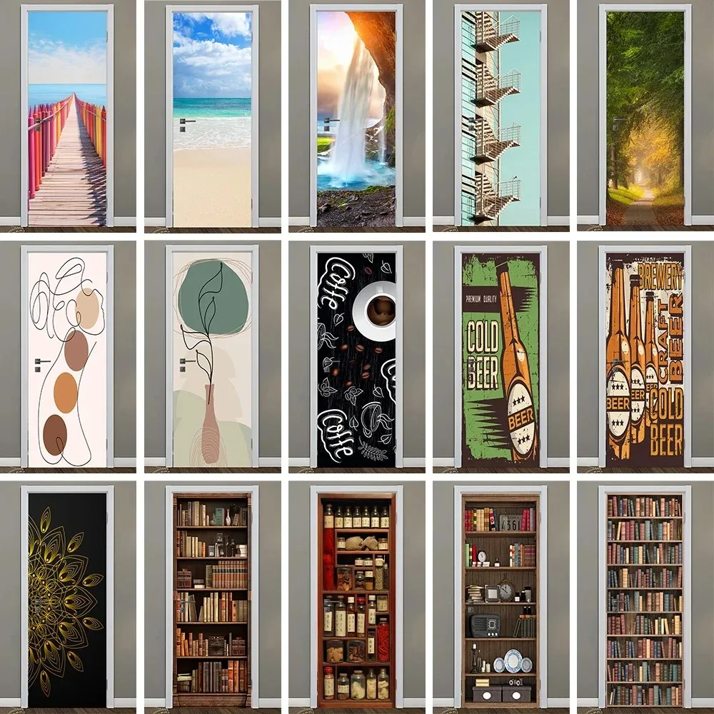 

3D Beach Waterfall Door Sticker Abstract Art Coffee Beer Bookshelf Spice Cabinet Removable Self Adhesive Wallpaper Home Decor