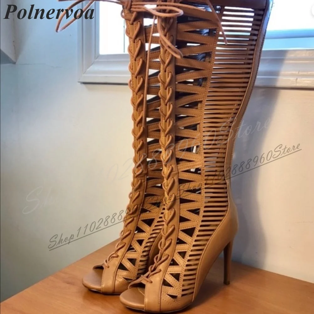 Bottes de sandales en cuir creuses au genou pour femmes, chaussures à talons hauts fins, fermeture à glissière arrière, marron, Peep Parker, 2024