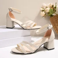 Block Heel Sandals Women's Fashion Round Toe Open Toe Cutout Breathable Suede Slip Strap High Heels - Image 5