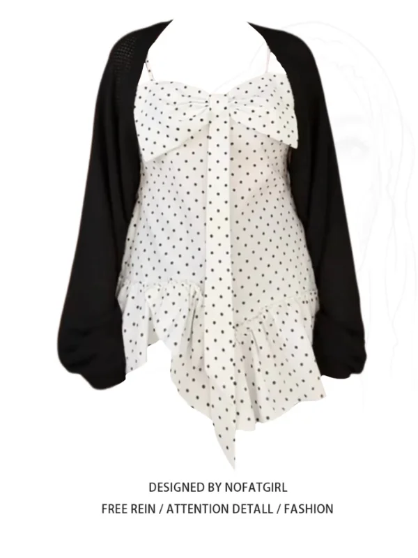 

plus Size Women's Korean Style Pure Desire Polka Dot Asymmetrical Strap Vest Top Hollow out Cardigan Set Spring Layering