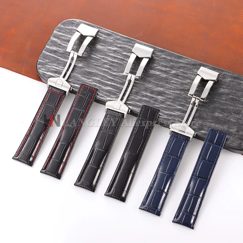 20mm 22mm 24mm Cowhide Leather Watch Strap for Tag Heuer Carrera Folding Buckle Crocodile Pattern Waterproof Men LuxuryWatchband