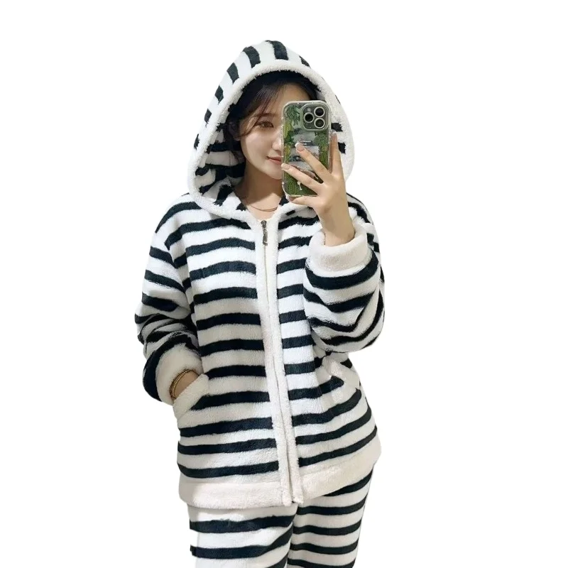 Pajamas Women's Autumn and Winter Loose Flannel Thickened Striped Cardigan Coral Fleece Loungewear Hat Set Can Be Worn Outside