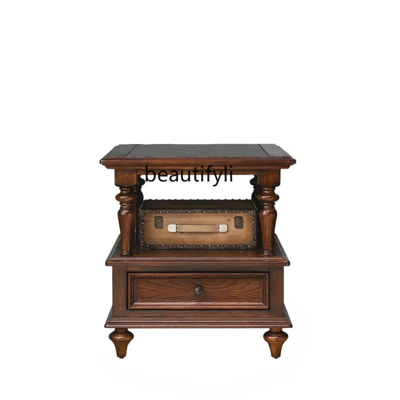 

American-Style Solid Wood Corner Table Square Small Coffee Table So Easy So Beauty Distressed Retro Sofa Side Cabinet