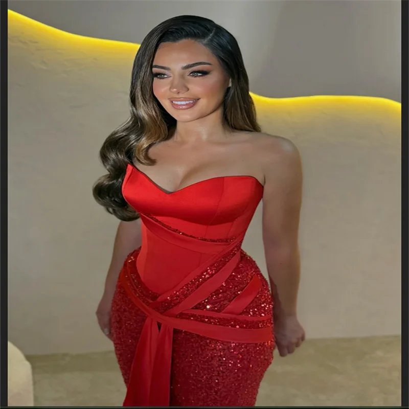 Vestidos de fiesta de lentejuelas brillantes de sirena roja personalizados, vestidos de novia sin mangas con cuello en forma de corazón, vestidos de novia hasta el suelo, noche Formal