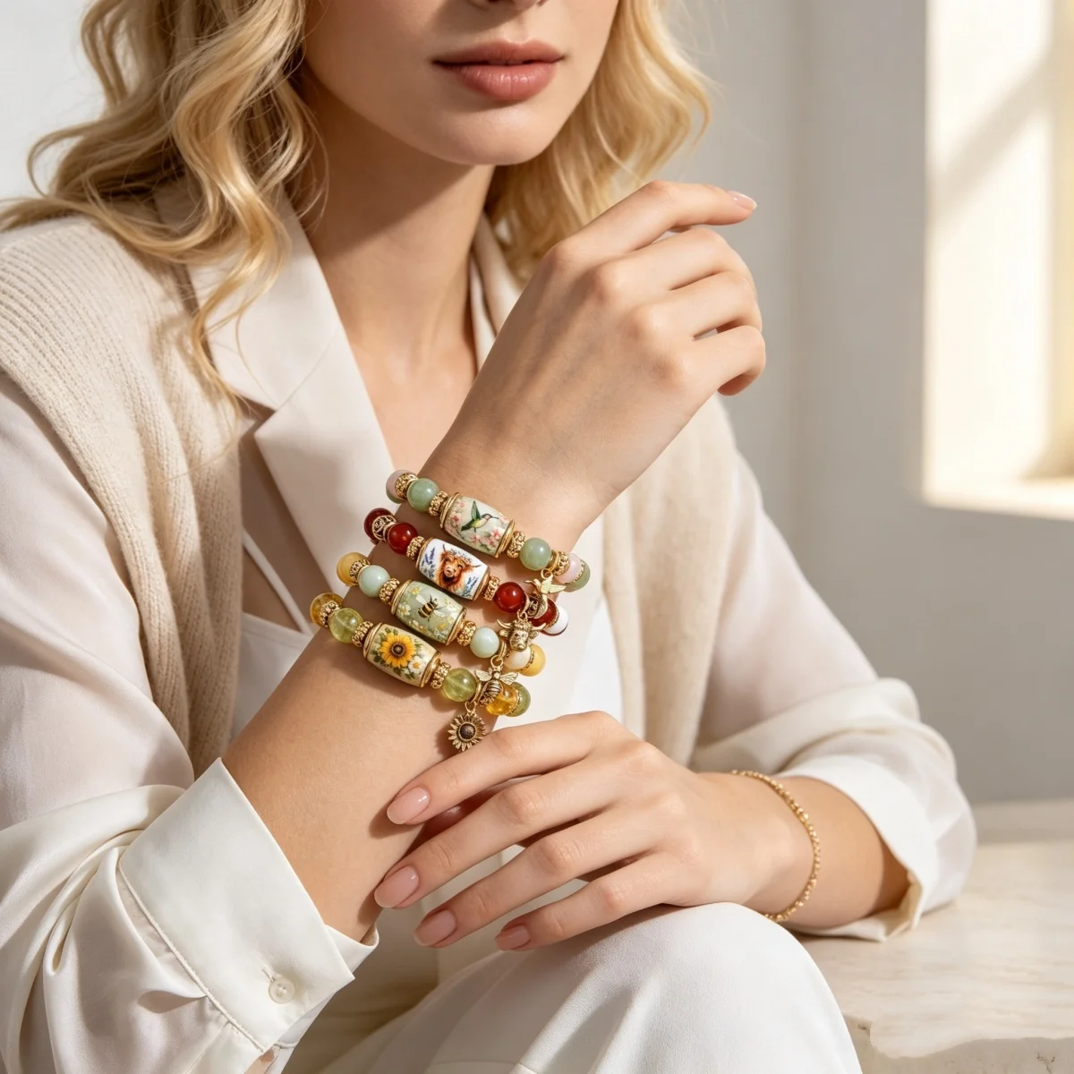Zarte Armbänder im Frühlingsgarten-Stil mit Glasperlen für Damen und Herren, mit Charm-Anhängern wie Kolibri, Sonnenblume, Biene und Ochsenkopf, Heilschmuck. – Detail 9