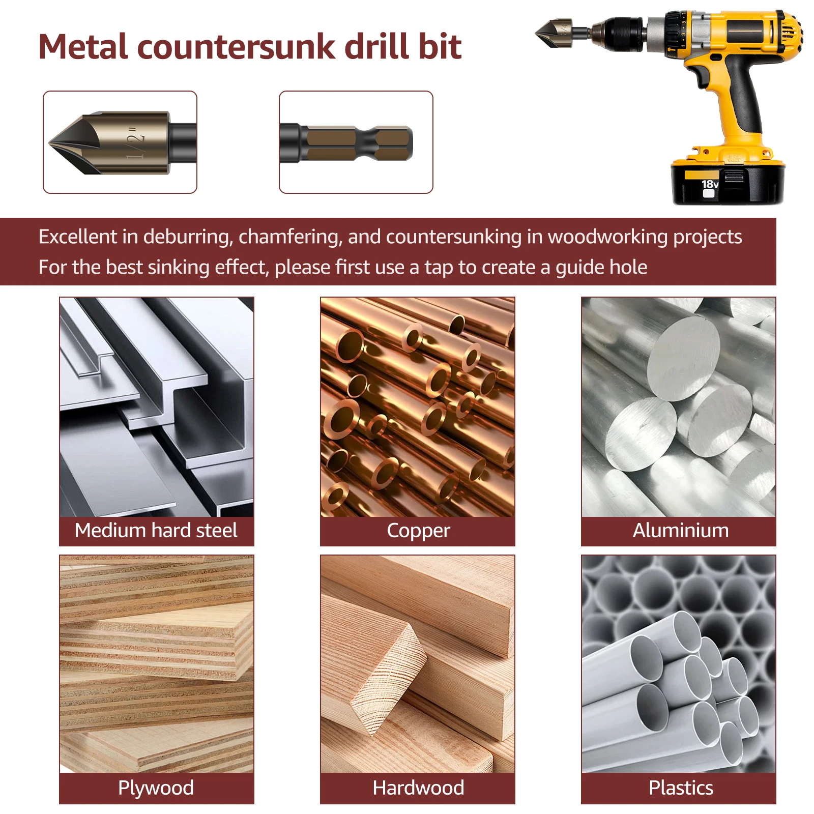 5 قطعة 82 درجة غاطسة مجموعة لقمة مثقاب تفتق ثقب القاطع إزالة الأزيز الشطب المتقلب أداة 1/4 "3/8" 1/2 "5/8" 3/4" للمعادن