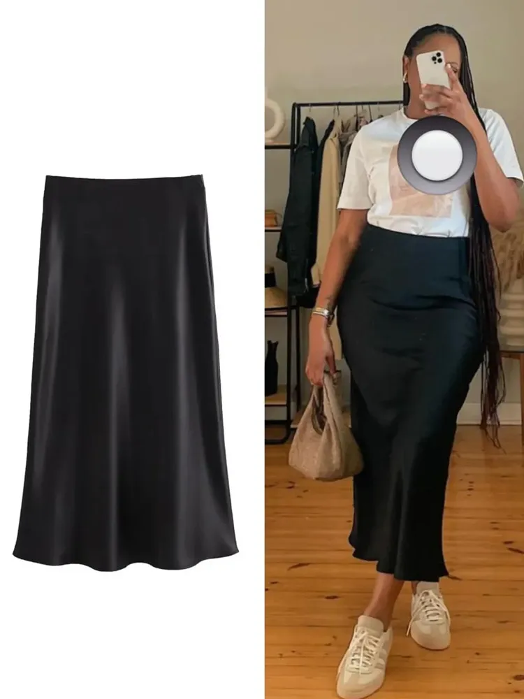 RARA 2025 ซาตินกระโปรงยาวผู้หญิง Draped เอวสูง Midi กระโปรงผู้หญิงฤดูร้อนตรงกระโปรงผู้หญิง Holiday Beach กระโปรงผู้หญิง