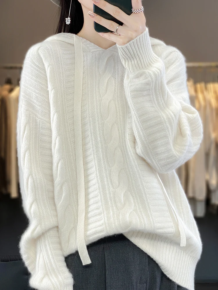 Aliselect High Quality Women Pullover Oversized Autumn Winter  Soft 100% Merino Wool Sweater Cashmere Hoodie Knitwears Tops