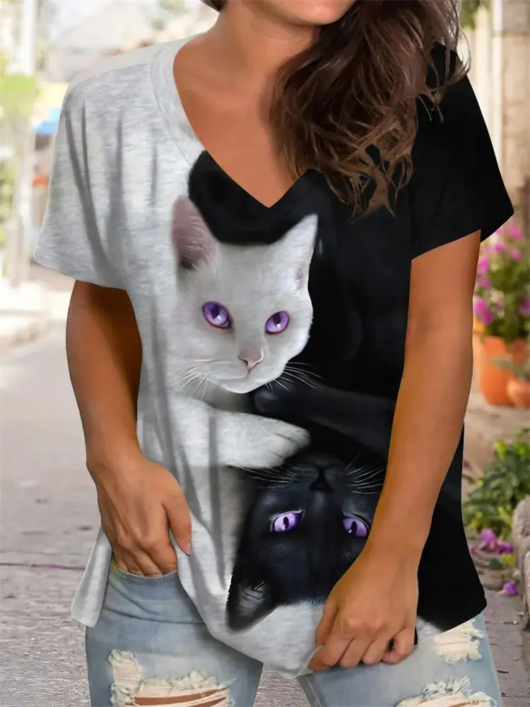 Cute Kitten T-Shirts Cat 3D Print Summer Women's Casual Short Sleeve V-Neck T Shirt Top Y2k Harajuku Tees Female Street Clothing