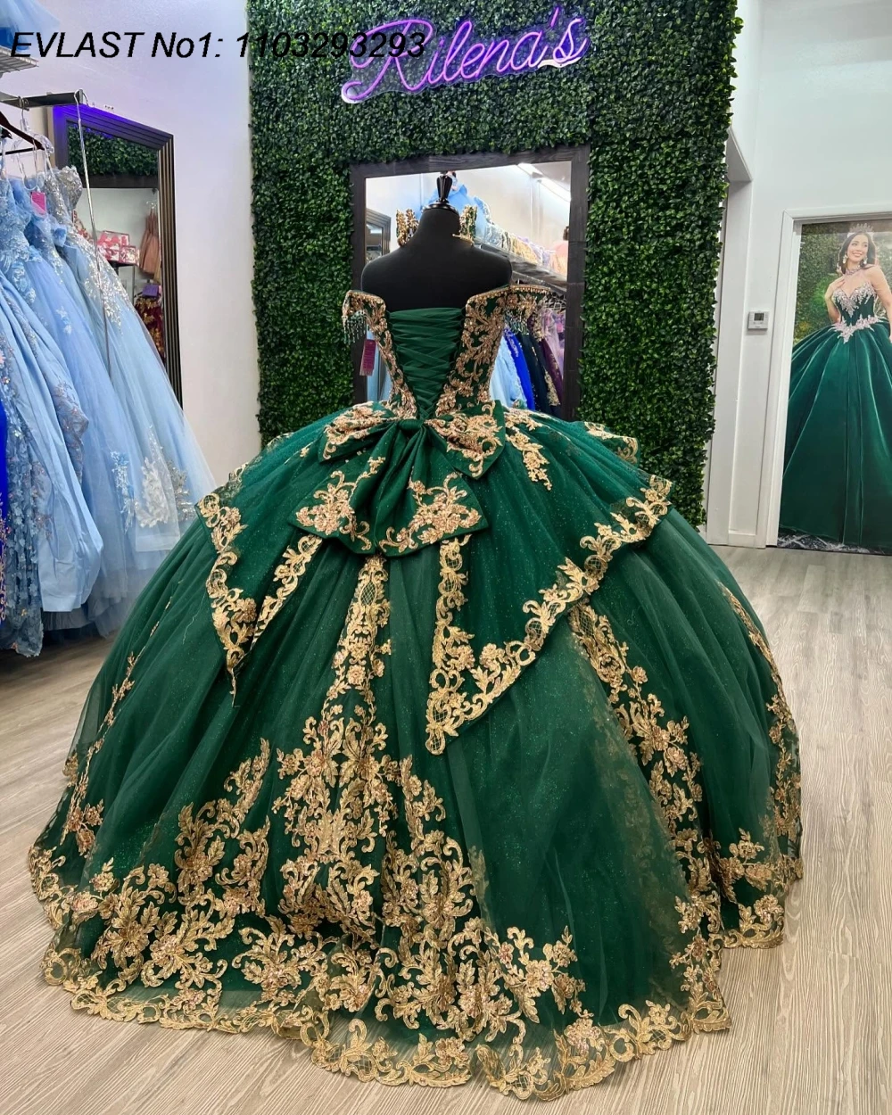 EVLAST Personalizzato Glitter Verde Abito Quinceanera Abito di Sfera Oro Applique di Pizzo Che Borda Messico Dolce 16 Vestido De 15 Anos E1Q213