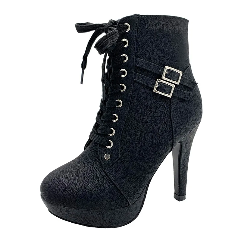 Botas de tacón alto con cordones para mujer, botines con cremallera y doble hebilla, zapatos de plataforma sexys para fiesta, novedad