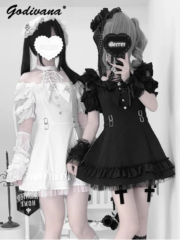 

New Summer Subculture Girls Halter Short-sleeved Slim Dress Sweet Bow Lace Mesh Stitching Women's Black Short Dress