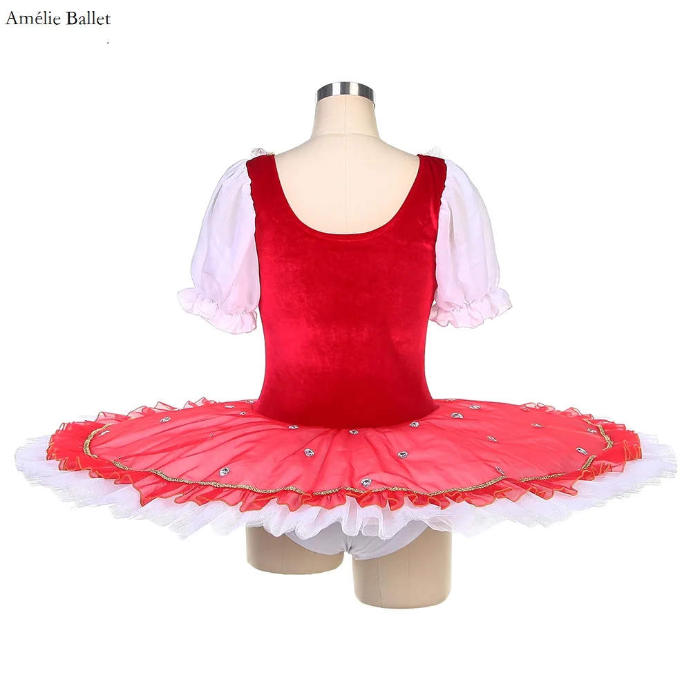 BLL401 Short Sleeve Ballet Pancake Tutu Red Stretch Velvet Bodice with 7 Layers Pleated Tutu Skirt Pre-Professional Ballet Tutus