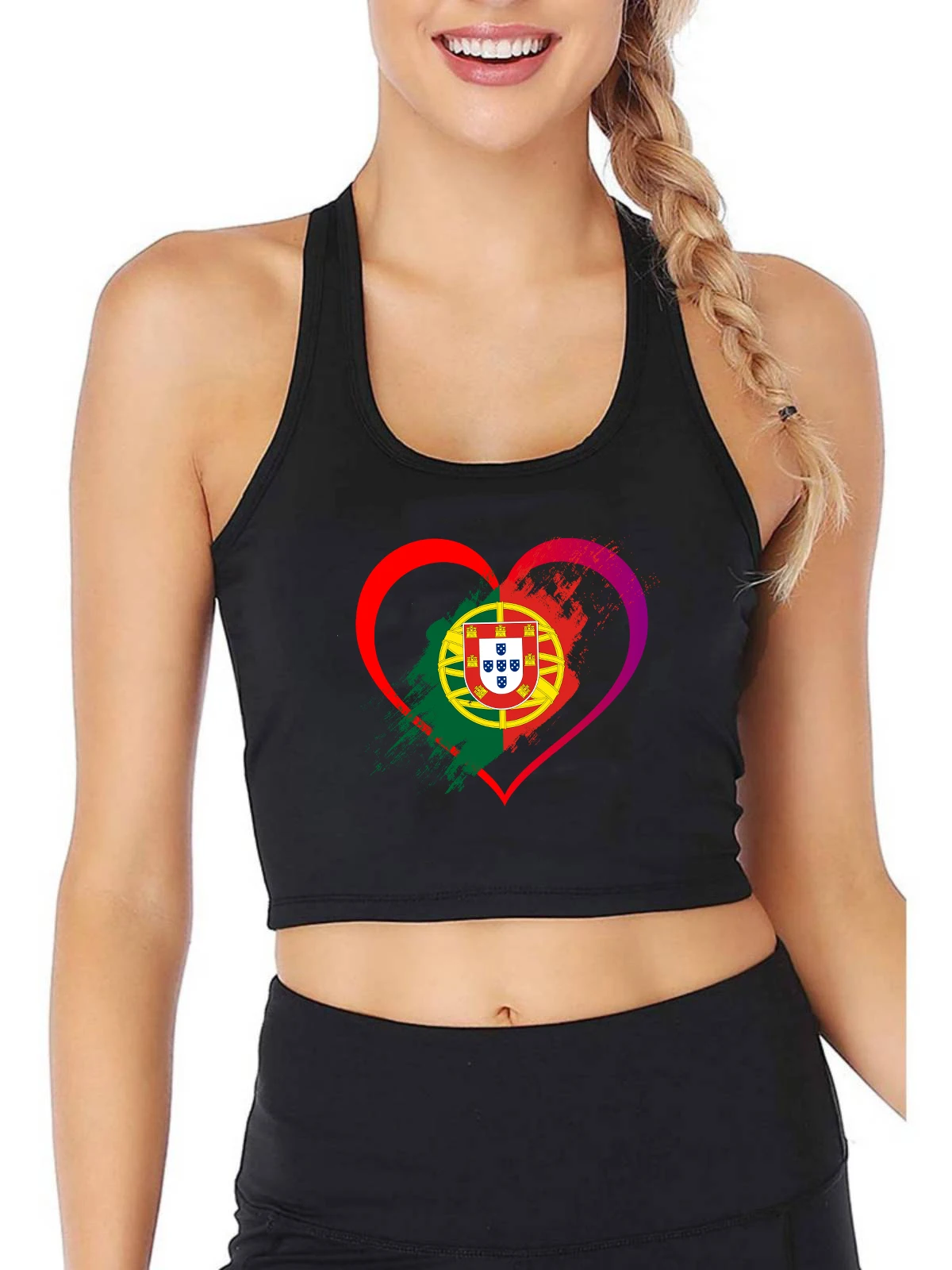 Portugal Nation Flag Graphics Heart Design Sexy Crop Top Women Retro Patriotic Memorial Style Design Tank Tops Sports Camisole