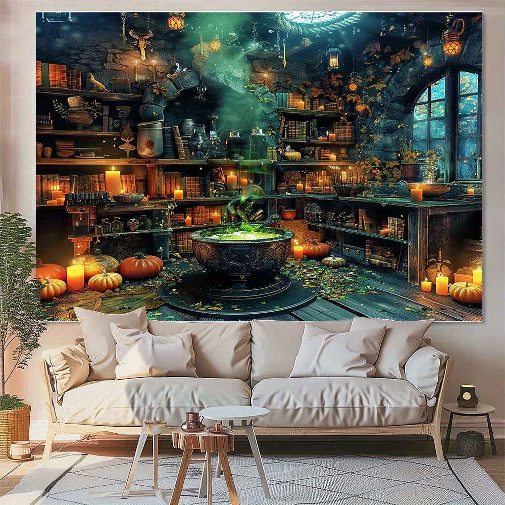 Halloween-Horror-Hintergrund Hexen Magischer Kessel Bücherregal-Szene Party-Dekorationszubehör Foto-Requisiten Polyester-Hintergründe