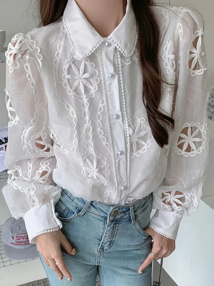 

French Hollow Embroidered Chiffon Blouse Women's Autumn Long-sleeved Top 2024 New Design Sense Niche Unique Chic Top Blusas