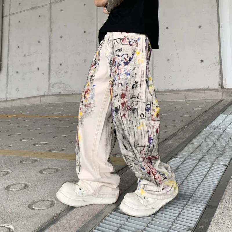 

ZLJ41001 American high street new tide loose wide leg trend beige wash graffiti hip hop jeans men