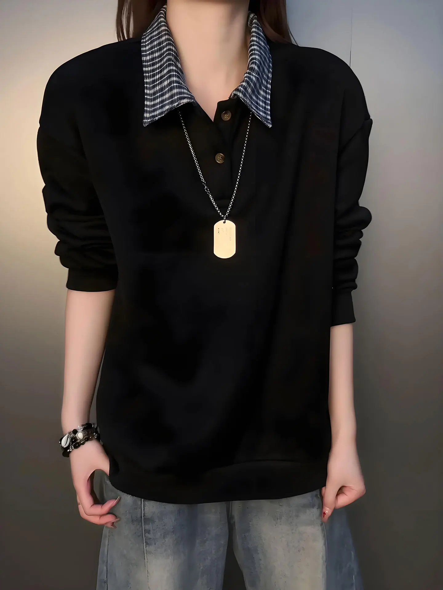 

Американская толстовка с длинным рукавом, весна-осень, высокое качество, базовый топ для ношения под одеждой, классический дизайн с воротником, черный цвет