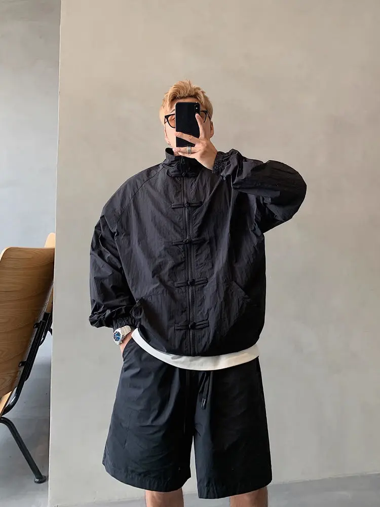 Ретро китайский сарафан на пуговицах с воротником-стойкой, мужская повседневная летняя солнцезащитная одежда, весенне-осенняя свободная посадка, чистый цвет