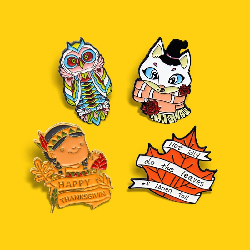 Fox Cat Enamel Pin Indian girl Happy Thanksgiving,Not idly do the leave Brooches Badge Jewelry for Kid Friend Cartoon Colour Owl