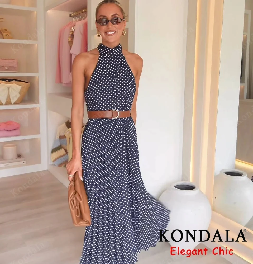 Elegancka sukienka w grochy z paskiem KONDALA, damska sukienka na ramiączkach, bez pleców, moda letnia 2025, styl high street, na wakacje, imprezę, sukienka typu halter.