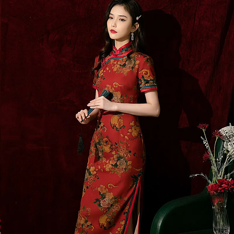 Yourqipao Hualuo Improved Cheongsam Elegant Temperament Long Catwalk Qipao Chinese Traditional Style Evening Dress for Women