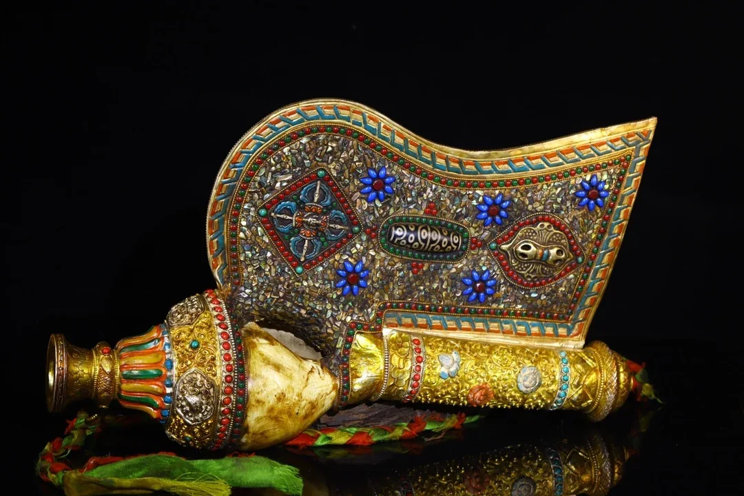 

18"Xizang Folk Old Natural Conch Mosaic Gem gZi Beads Dragon Texture Painted Buddha Conch Amulet Worship Hall