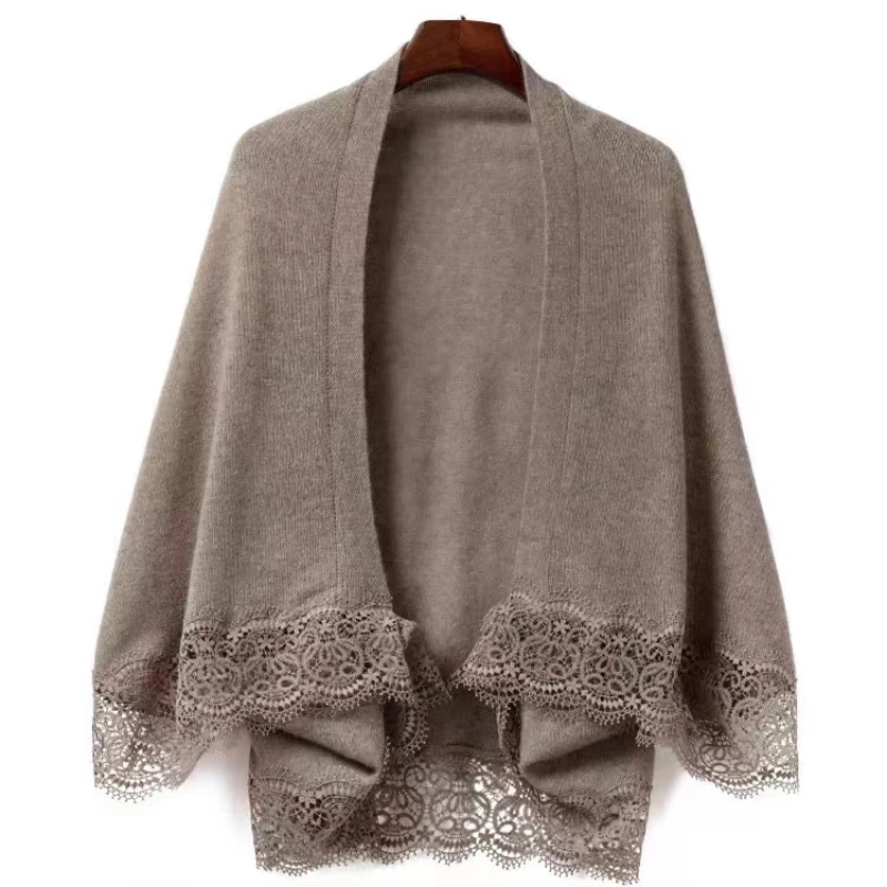 Fashion 100% Merino Wool Women Thin Cardigan Lace Shawl Soft Cashmere Knitwear Solid Color Scarf Korean Style Sweater Grace Top