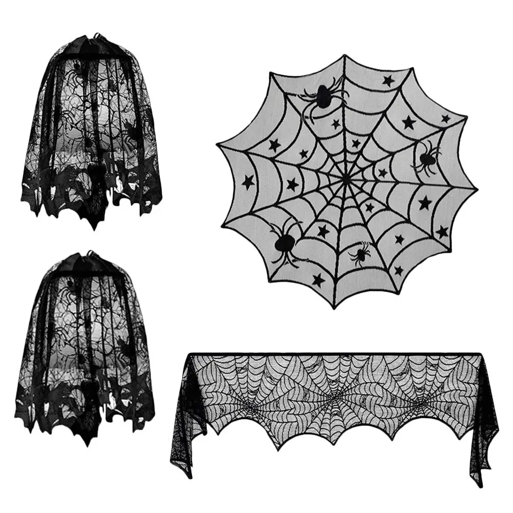 

4Pcs Black Halloween Lace Fireplace Cloth Tablecloth Lampshade Set Cobweb Party Decor Halloween Tablecloth Spider Web Decoration