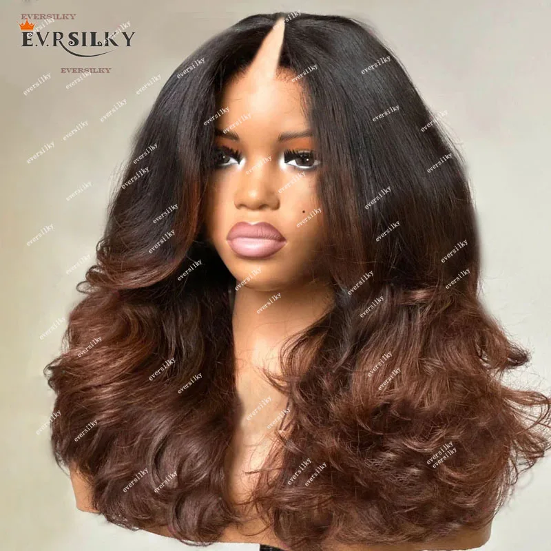 Ombre Dark Brown Wavy Human Hair V /U Part Wigs for Black Women Glueless Ash Blonde 250Density Full Machine Made Wigs Easy Wear