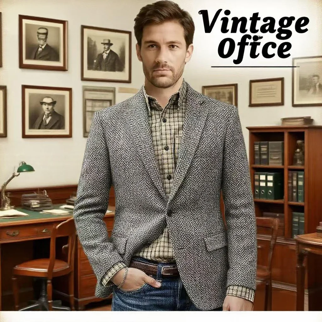 

Herringbone Men's Blazer Single Breasted Elegant Casual Slim Fit Stage Suit Jacket Male Coat for New Men Suits Collection