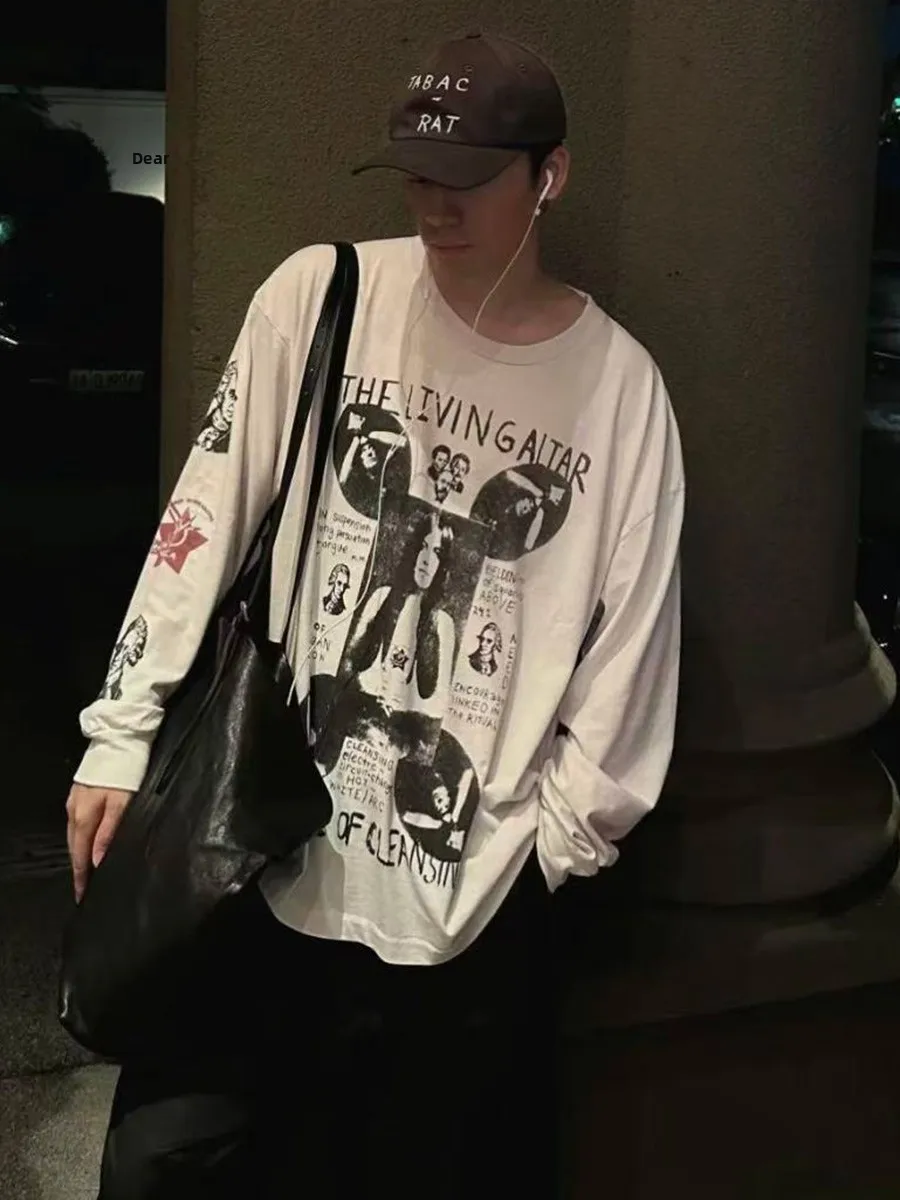 Depressed Rich Second Generation Portrait Print Streetwear Vintage Loose Long Sleeve T-Shirt Men's Breathable Cotton Casual S...