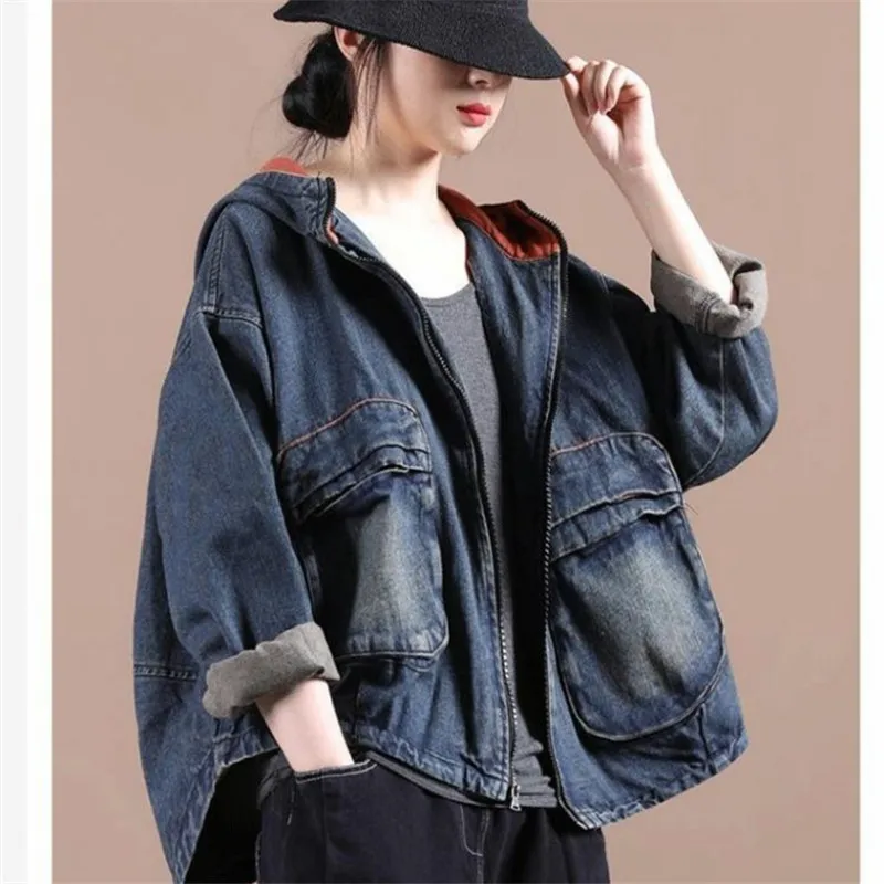 

Women Vintage Jeans Jacket Loose Korean Long-Sleeved Female Short Denim Coat Female Spring Hooded Cowboy Outwear JJ562