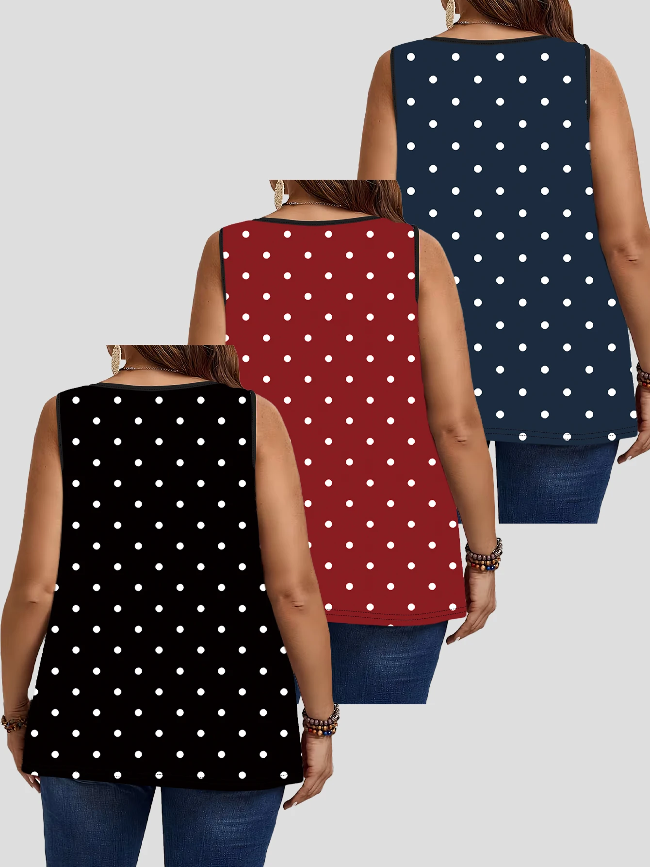 3-Piece Set of Polka Dot Printed Sleeveless Vests for Women, Large Size, Round Neck, Pleated, Loose-Fitting, Casual Tank Tops for Outerwear