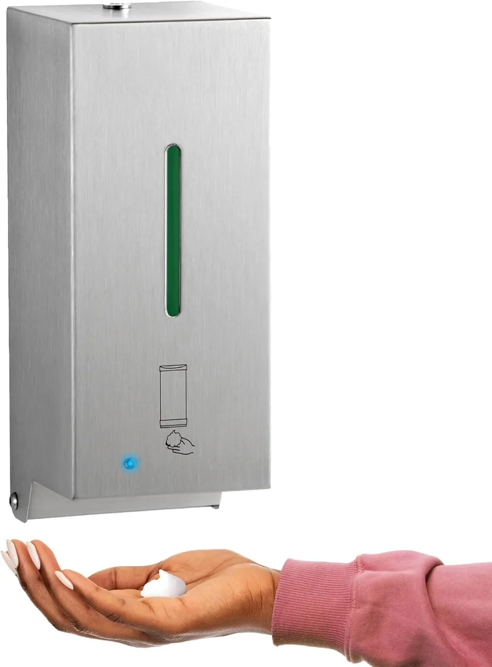 Автоматический настенный дозатор пенного мыла из нержавеющей стали, атласное покрытие, 27 фунтов унции. 4-1/4 дюйма Ш, 10-17/32 дюйма В, 4-7/32 дюйма