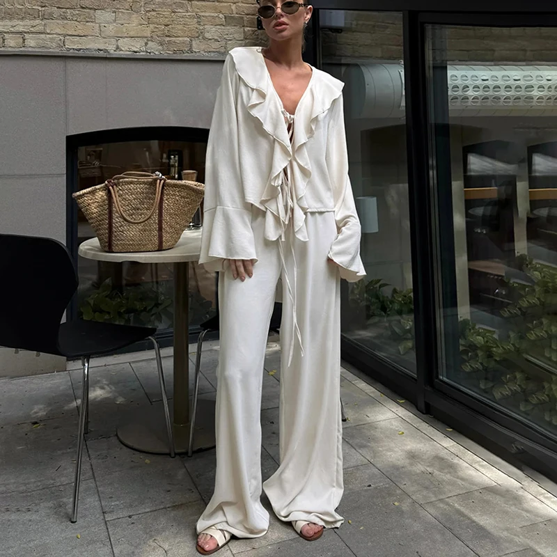 

Tuularose V Neck Ruffled Pants Set For Women Lace Up Long Sleeve Shirt High Waist Pants Set Female Casual Office Lady Pants Sets