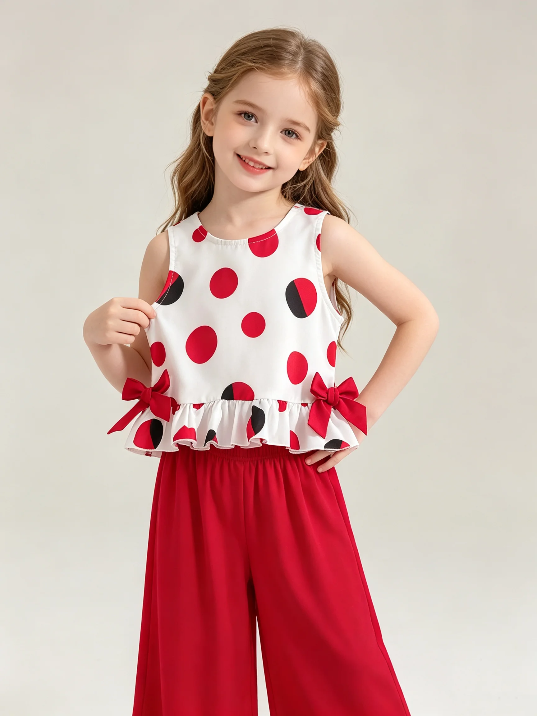 Girls Summer Casual Polka Dot Sleeveless Top And Wide Leg Pants Set with Ruffled Bow Design for Shopping And Parties