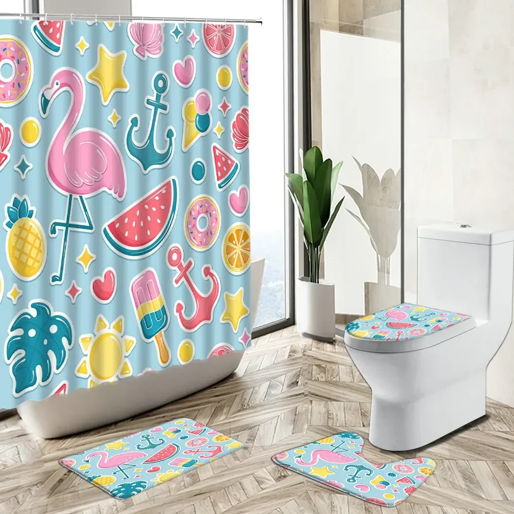 Flamingo Tropical Green Plants Shower Curtain Set Summer Fruit Pineapple Watermelon Lemon Bath Mat Toilet Cover Bathroom Carpet