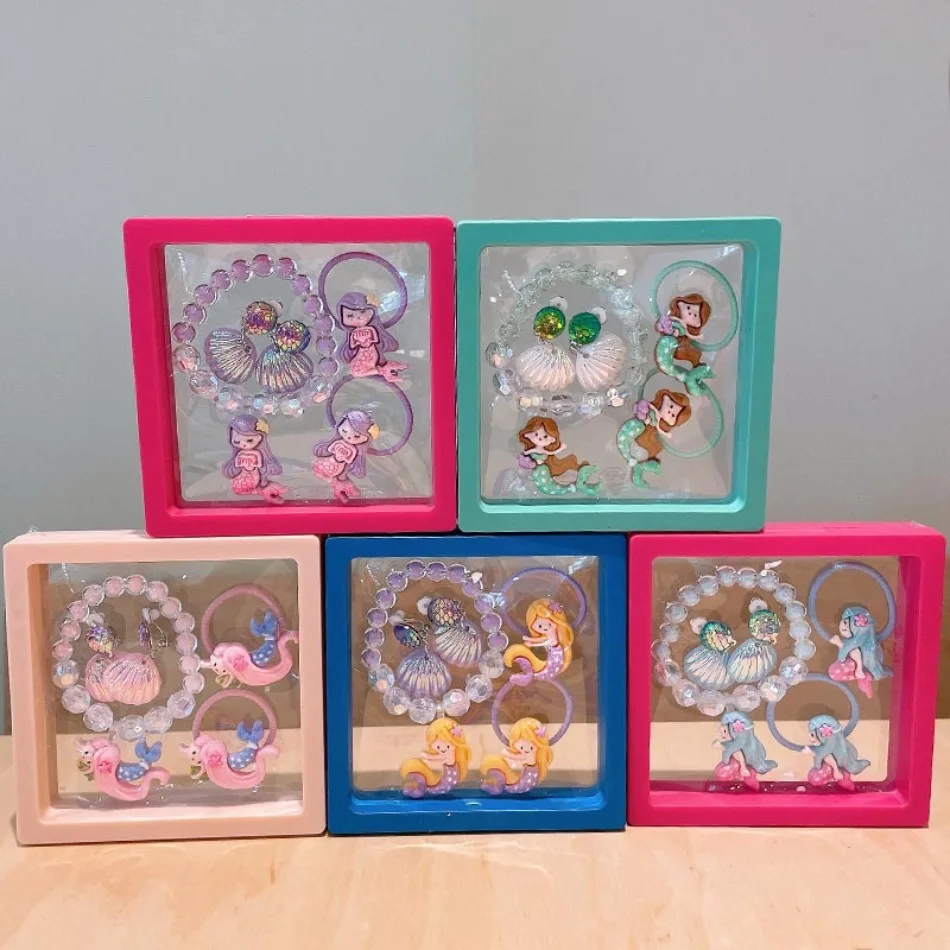 القمامة بنات حورية البحر مجوهرات الأميرة فستان مطرز سوار لطيف الطفل قرط كبس نحيل الحبل هدية صندوق الأطفال الملحقات ZX07 #1