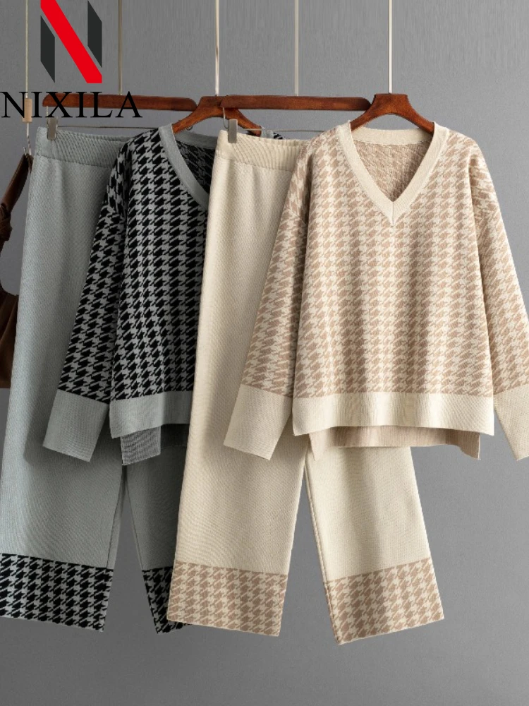 

Новый осенне-зимний женский вязаный свитер, комплекты из 2 предметов, женская одежда, толстый теплый пуловер с v-образным вырезом, широкие брюки, комплекты из двух предметов для женщин