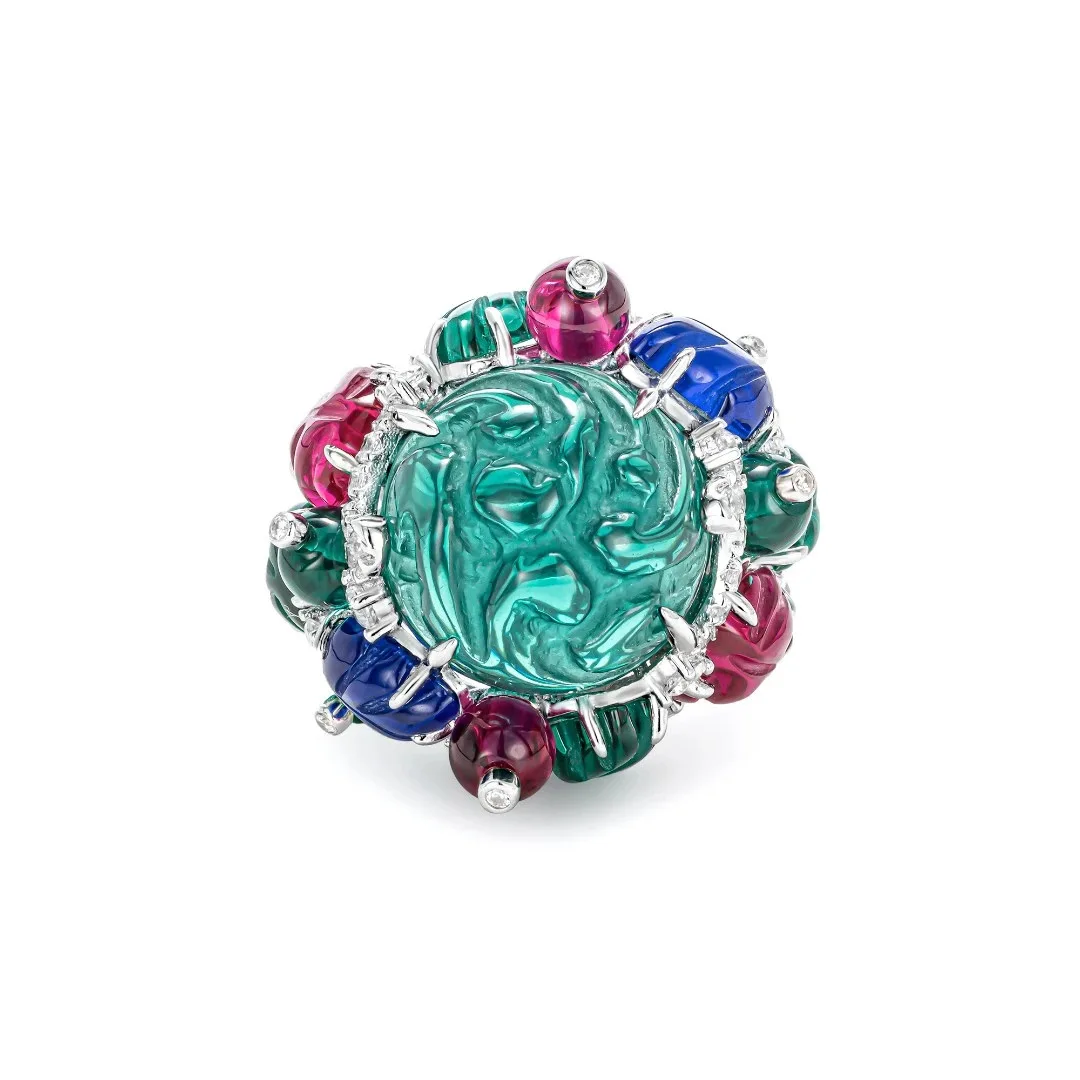 

Vintage Tutti Frutti Carved Cocktail Ring Luxury 925 Sterling Silver Statement Fine Jewelry for Women's Anniversary Wedding Gift