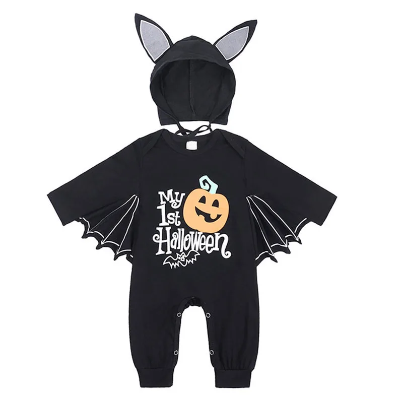 Child Halloween Romper Baby Boy Black Bat Jumpsuit with Hat Infant Costume 1 Year Halloween Toddler Girl Carnival Clothes 3-24M