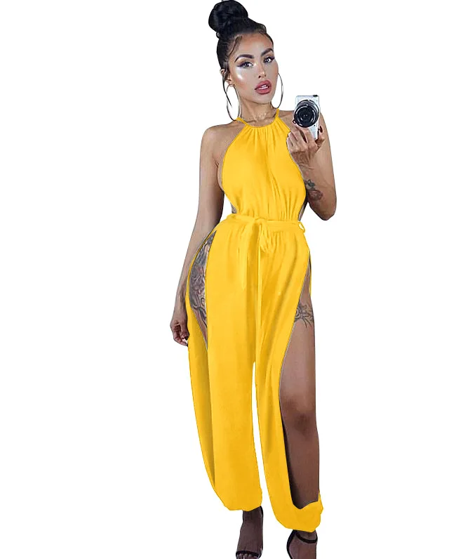 Spring Summer Fashion Solid Color Lace Up Sexy Jumpsuits Women Sleeveless Workout Female Trousers Rompers Activewear