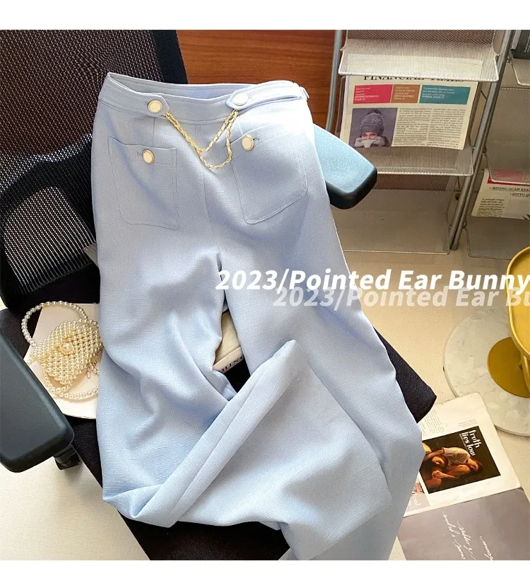 Women Fragrance Vintage Blue Pant Suit Shirt Top And Trousers Two Piece Set Summer Matching Outfit Ladies Formal Occasion Cloth