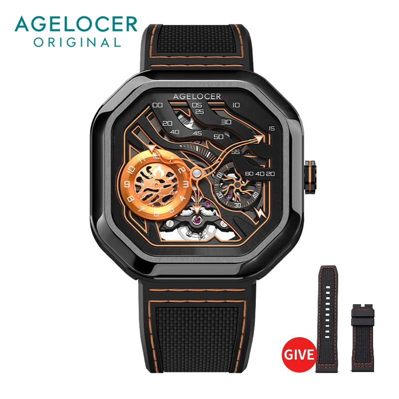 

AGELOCER Men's Watch Square Automatic Mechanical Stainless Steel Black Top Brand Luminous Analog Fashion Luxury Watches